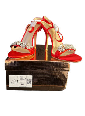 Cathy Din Viciaa-7 Red Satin Rhinestone Stiletto Sandals